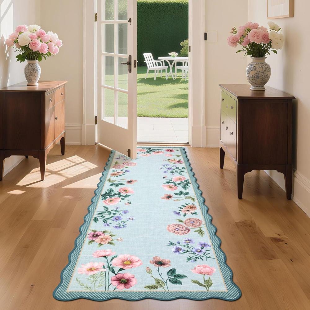 image:imageGarvee Floral Botanical 2x6 Runners for Hallways Washable Non Slip Scalloped Kitchen Rugs Low Pile Ultra Thin Stain Resistant Farmhouse Carpet for Bedside Entryway Laundry Bathroom TaupeFloralLight Blue