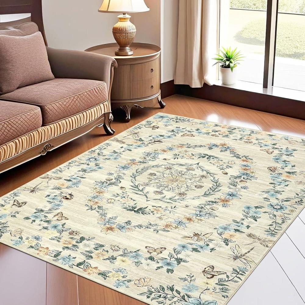 image:imageGarvee Floral Washable Rugs for Living Room 8x10 Area Rugs with Non Slip Backing Low Pile Stain Resistant Floral Throw Carpet Foldable Floor Mats for Bedroom Beige