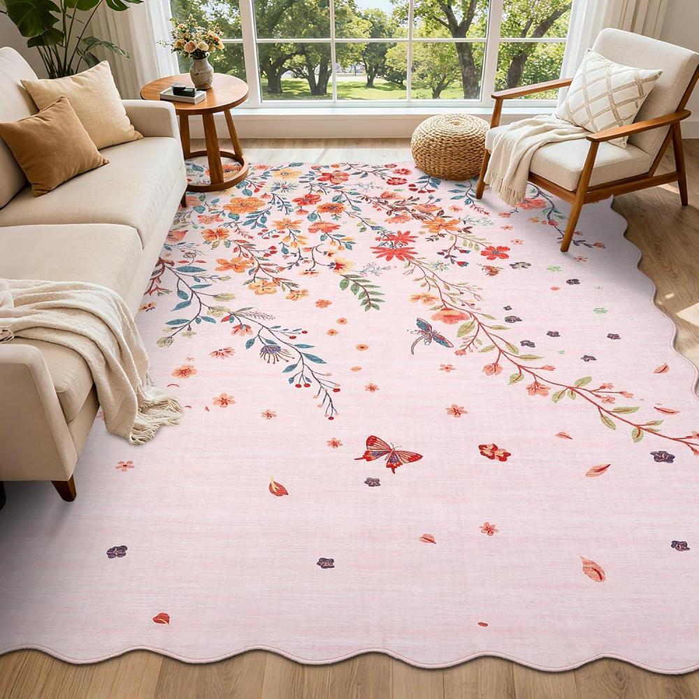 image:imageGarvee Floral Washable Scalloped Rugs 8x10 NonSlip Soft Black Area Rugs for Living Room Low Pile Stain Resistant Floral Carpet Easy Clean Foldable Floor Mats for Dining Room Home Office BlackPinkscalloped