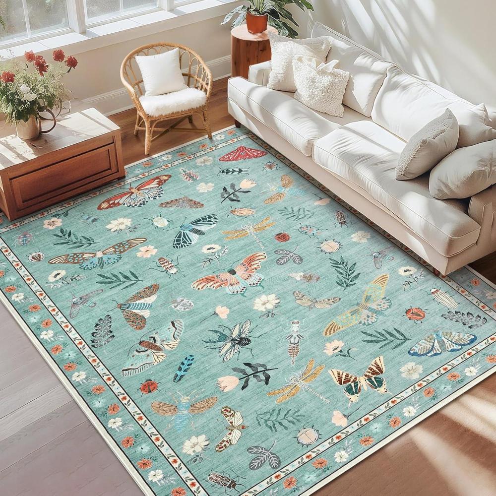 image:imageGarvee Floral Washable Scalloped Rugs 8x10 NonSlip Soft Black Area Rugs for Living Room Low Pile Stain Resistant Floral Carpet Easy Clean Foldable Floor Mats for Dining Room Home Office BlackInsectgreen