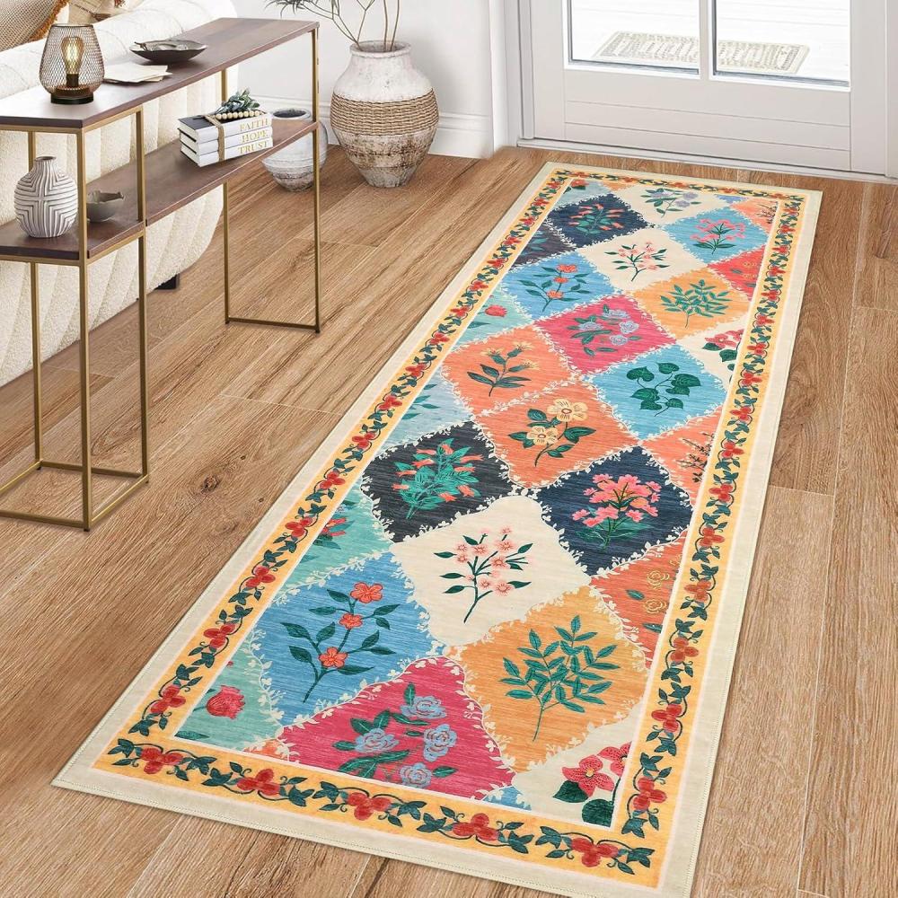 image:imageGarvee Geometric Area Rug 2x6 Modern Farmhouse Bathroom Rugs with Non Slip Backing Low Pile Ultra Soft Trellis Floral Accent Carpet Foldable Runners for Hallways Bedrooms Laundry Rooms GreenTrelliscolorful
