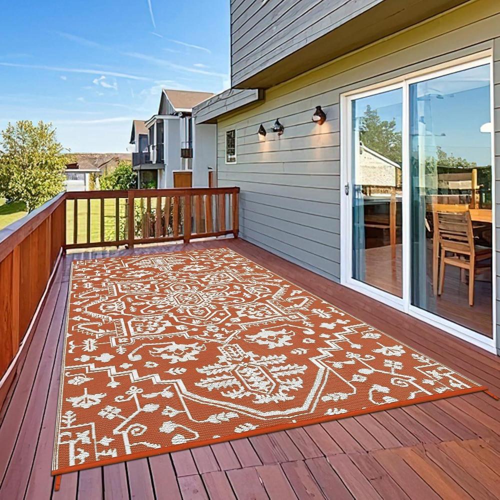 image:imageGarvee Outdoor Rug Carpet Waterproof 9x12 Outdoor Patio Rug Mat Reverisble Plastic Straw Large Outdoor Rug for RV Camping Picnic Beach Balcony Picnic GreyWhiteBrick Redwhite