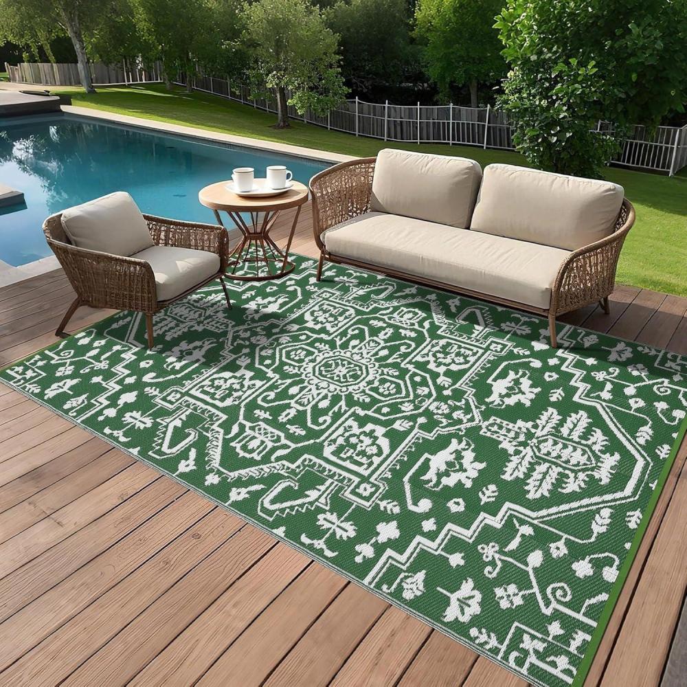 image:imageGarvee Outdoor Rug Carpet Waterproof 9x12 Outdoor Patio Rug Mat Reverisble Plastic Straw Large Outdoor Rug for RV Camping Picnic Beach Balcony Picnic GreyWhiteGreenWhite