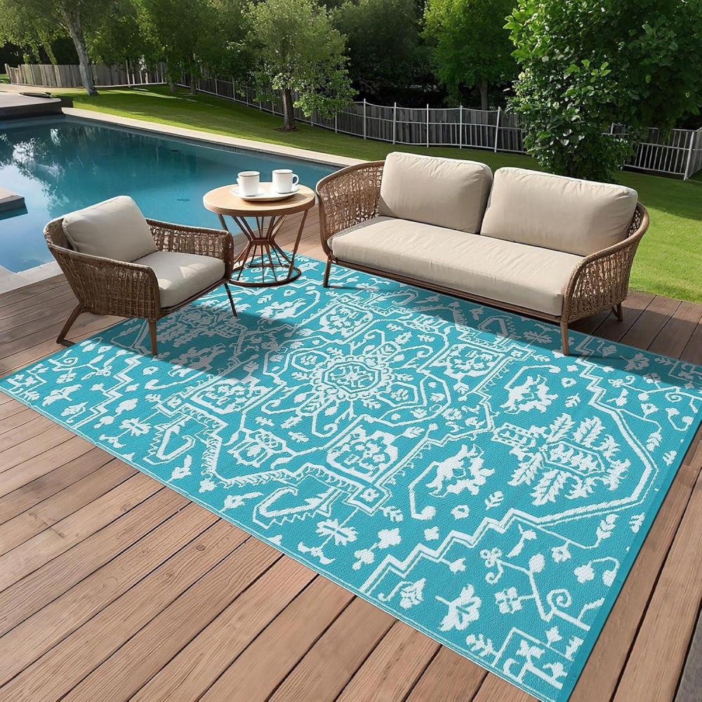 image:imageGarvee Outdoor Rug Carpet Waterproof 9x12 Outdoor Patio Rug Mat Reverisble Plastic Straw Large Outdoor Rug for RV Camping Picnic Beach Balcony Picnic GreyWhiteLight BlueWhite