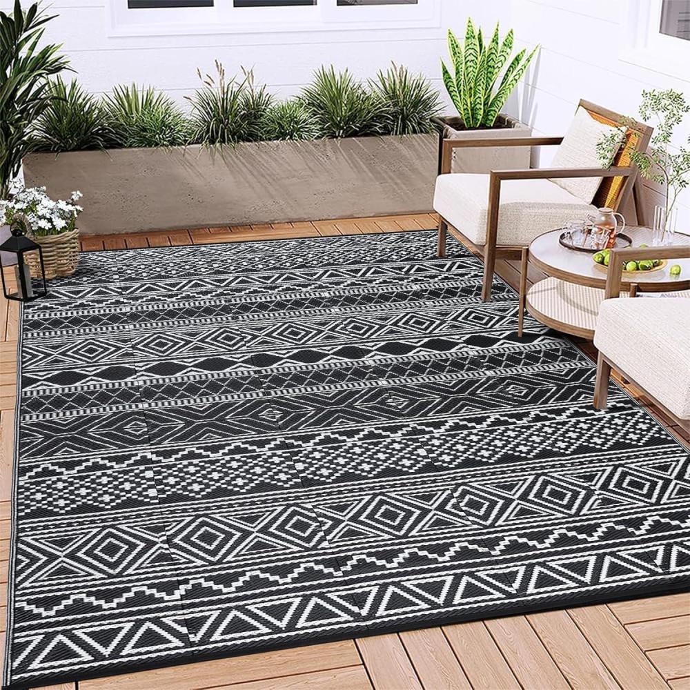 image:imageGarvee Outdoor Rugs 8x10 Waterproof for Patios Clearance Plastic Straw Mats for Backyard Porch Deck Balcony Reversible Black  WhiteBlack  White