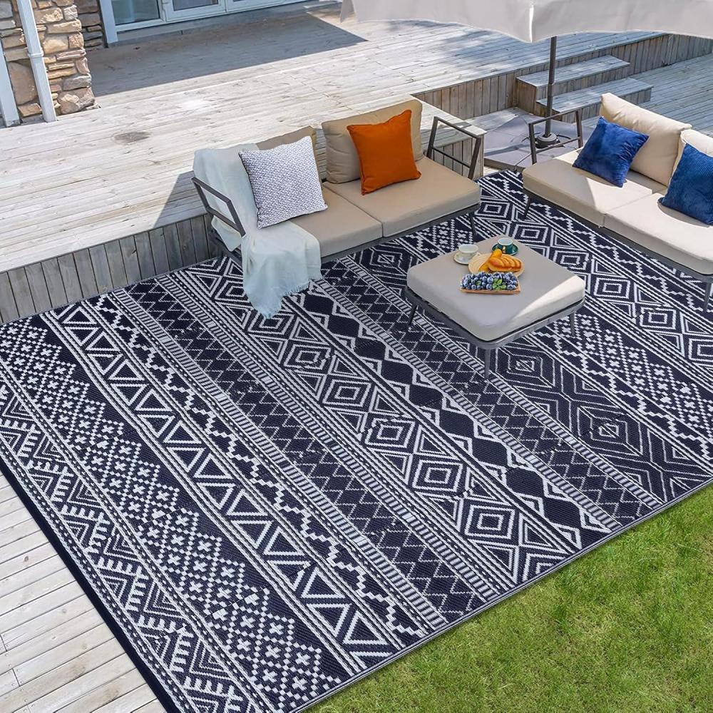 image:imageGarvee Outdoor Rugs 8x10 Waterproof for Patios Clearance Plastic Straw Mats for Backyard Porch Deck Balcony Reversible Black  WhiteDark Blue  White