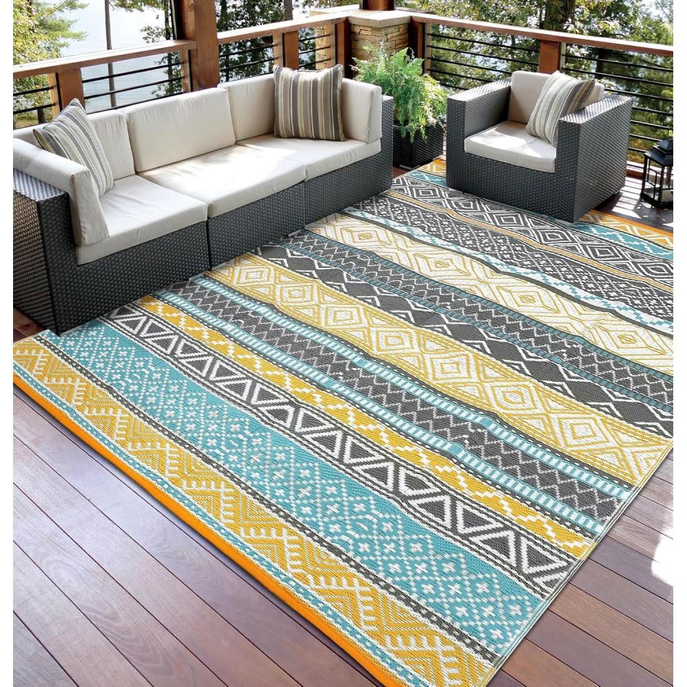 image:imageGarvee Outdoor Rugs 8x10 Waterproof for Patios Clearance Plastic Straw Mats for Backyard Porch Deck Balcony Reversible Black  WhiteTeal  Yellow