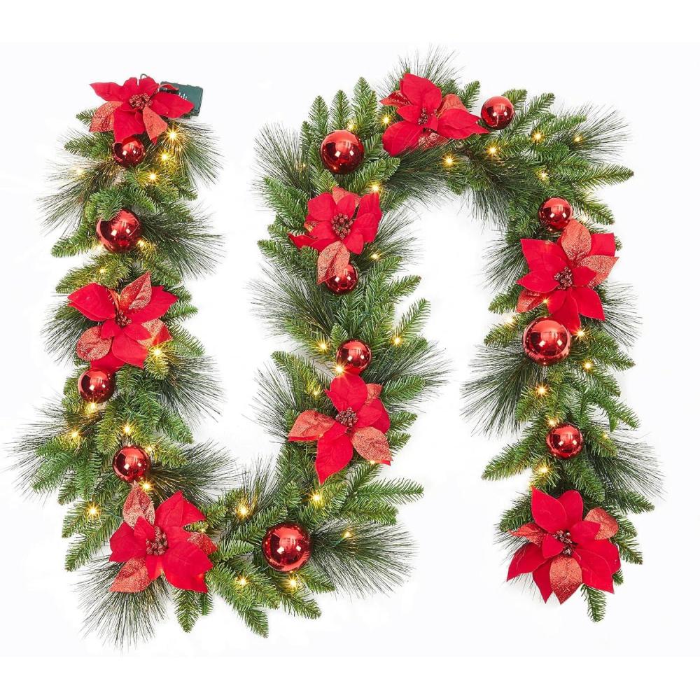 image:imageGarvee PreLit Christmas Garland with LED Lights Lighted Garland with Flower Cypress Leaves Christmas Ball Indoor Outdoor Xmas Decoration 9 ft 108 in RedRed