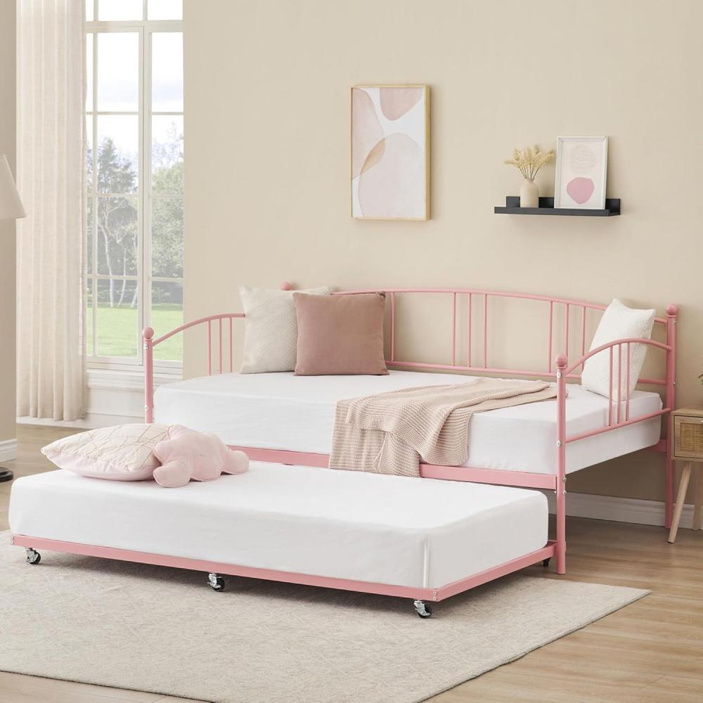 image:imageGarvee Twin Metal Daybed with Trundle Pullout Trundle Bed Frame with Arched Headboard Guest Sofa Bed with Steel Slat Support No Box Spring Required Easy Assembly BlackPink