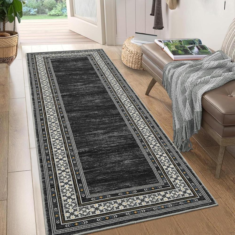 image:imageGarvee Washable Rug 10x13 Living Room Area Rug Geometric Bordered Bedroom Rugs Indoor Modern Floor Carpet Low Pile Non Slip Throw Rugs Distressed Home Decor Rug for Dining Room Office BlueBlack