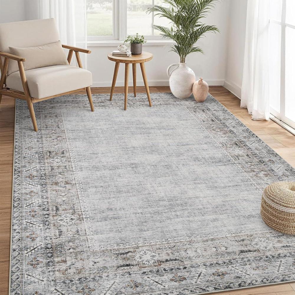 image:imageGarvee Washable Solid 8x10 Rugs for Living Room BedroomNon Slip StainResistant Border Scalloped Rug for Dining Room OfficeLowPile Soft Neutral Carpets for Under Table Farmhouse Playroom BeigeBordergrey Green