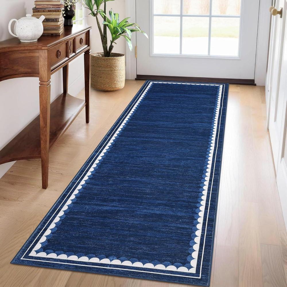 image:imageGarvee Washable Solid 8x10 Rugs for Living Room BedroomNon Slip StainResistant Border Scalloped Rug for Dining Room OfficeLowPile Soft Neutral Carpets for Under Table Farmhouse Playroom BeigeNavy Blue