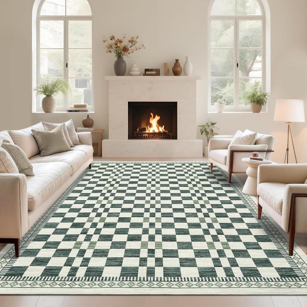 image:imageGarvee Washable Solid 8x10 Rugs for Living Room BedroomNon Slip StainResistant Border Scalloped Rug for Dining Room OfficeLowPile Soft Neutral Carpets for Under Table Farmhouse Playroom BeigeCheckeredgreen