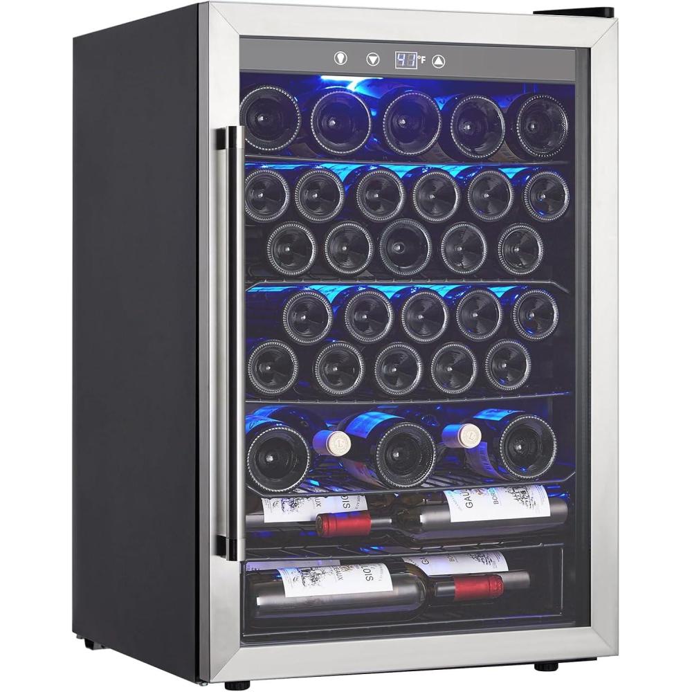 image:imageGarvee Wine Fridge 36 Bottle Wine Cooler Refrigerator with 4061F Digital Temperature Control Wine Refrigerator Freestanding for Red White Wine Champagne Beer with Blue Interior Light