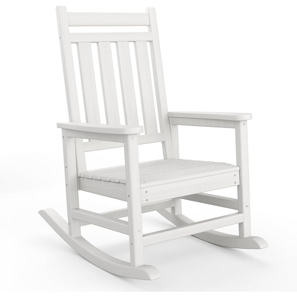image:imageHDPE Rocking Chair Outdoor Set of 2 with Side Table  Poly High Back Porch Rocker Chairs for Adults  All Weather Resistant Furniture for Patio Front Porch  GrayWhite