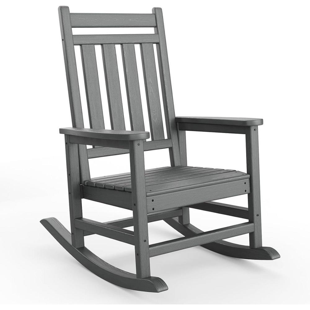image:imageHDPE Rocking Chair Outdoor Set of 2 with Side Table  Poly High Back Porch Rocker Chairs for Adults  All Weather Resistant Furniture for Patio Front Porch  GrayGrey