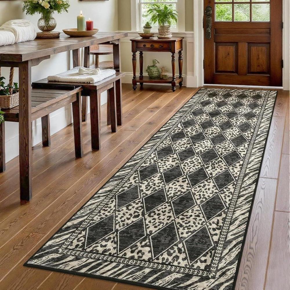 image:imageLeopard Washable 2x8 Runner Rug Soft Animal Print Kitchen Runners for Hallways Non Slip Checkered Rug Runners for Entryway Bedroom Laundry BrownBlackCream
