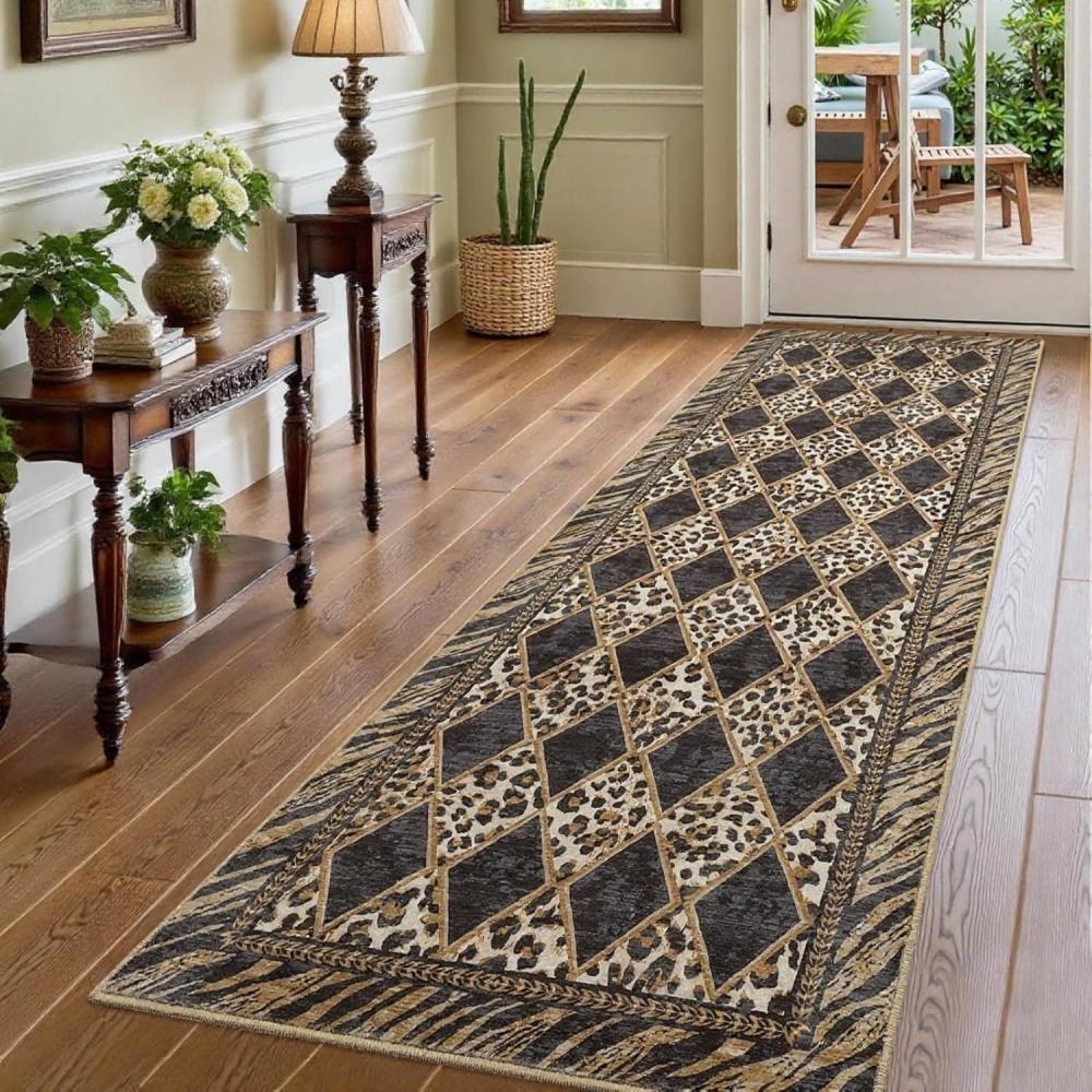 image:imageLeopard Washable 2x8 Runner Rug Soft Animal Print Kitchen Runners for Hallways Non Slip Checkered Rug Runners for Entryway Bedroom Laundry BrownBlackLight Brown
