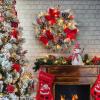 24″ Pre-Lit Christmas Wreaths for Front Door, Lighted Flocked Christmas Door Wreath with 30 LED Lights, Red Balls & Bows for Xmas Wall Windows Decorations Outdoor(Red)