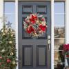 24″ Pre-Lit Christmas Wreaths for Front Door, Lighted Flocked Christmas Door Wreath with 30 LED Lights, Red Balls & Bows for Xmas Wall Windows Decorations Outdoor(Red)