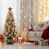 4.5 ft Prelit Artificial Christmas Trees with 200 Warm Lights & 20 Clusters Red Berry, Artificial Potted Xmas Tree with 8 Lighting Modes, Snowman Base, Holiday Decor, Set of 1(Green&white)