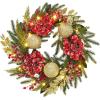 Garvee 24 Inch Pre-Lit Christmas Wreath, Artificial Xmas Wreath with Golden Ball Ornaments & Artificial Flowers Leaves, Christmas Wreath for Front Door, Window and Mantel Decor, Gold(Red)