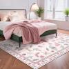 Garvee Floral Washable Scalloped Rugs 8×10 Non-Slip Soft Black Area Rugs for Living Room, Low Pile Stain Resistant Floral Carpet, Easy Clean Foldable Floor Mats for Dining Room, Home Office, Black(Insect-pink)