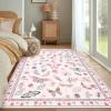 Garvee Floral Washable Scalloped Rugs 8×10 Non-Slip Soft Black Area Rugs for Living Room, Low Pile Stain Resistant Floral Carpet, Easy Clean Foldable Floor Mats for Dining Room, Home Office, Black(Insect-pink)