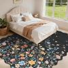 Garvee Floral Washable Scalloped Rugs 8×10 Non-Slip Soft Black Area Rugs for Living Room, Low Pile Stain Resistant Floral Carpet, Easy Clean Foldable Floor Mats for Dining Room, Home Office, Black(Black-scalloped)