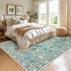 Garvee Floral Washable Scalloped Rugs 8×10 Non-Slip Soft Black Area Rugs for Living Room, Low Pile Stain Resistant Floral Carpet, Easy Clean Foldable Floor Mats for Dining Room, Home Office, Black(Insect-green)