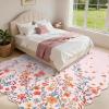 Garvee Floral Washable Scalloped Rugs 8×10 Non-Slip Soft Black Area Rugs for Living Room, Low Pile Stain Resistant Floral Carpet, Easy Clean Foldable Floor Mats for Dining Room, Home Office, Black(Pink-scalloped)