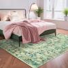Garvee Floral Washable Scalloped Rugs 8×10 Non-Slip Soft Black Area Rugs for Living Room, Low Pile Stain Resistant Floral Carpet, Easy Clean Foldable Floor Mats for Dining Room, Home Office, Black(Green-floral)