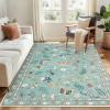 Garvee Floral Washable Scalloped Rugs 8×10 Non-Slip Soft Black Area Rugs for Living Room, Low Pile Stain Resistant Floral Carpet, Easy Clean Foldable Floor Mats for Dining Room, Home Office, Black(Insect-green)