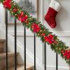 Garvee Pre-Lit Christmas Garland with LED Lights, Lighted Garland with Flower Cypress Leaves Christmas Ball, Indoor Outdoor Xmas Decoration, 9 ft/ 108 in, Red(Red)