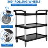 Service Cart Heavy Duty 3-Shelf Rolling Utility/Push Cart with Lockable Wheels, 360 LBS. Capacity, Black, for Foodservice/Restaurant/Cleaning