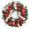 24″ Pre-Lit Christmas Wreaths for Front Door, Lighted Flocked Christmas Door Wreath with 30 LED Lights, Red Balls & Bows for Xmas Wall Windows Decorations Outdoor(Red & White)