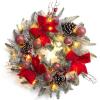 24″ Pre-Lit Christmas Wreaths for Front Door, Lighted Flocked Christmas Door Wreath with 30 LED Lights, Red Balls & Bows for Xmas Wall Windows Decorations Outdoor(Red)