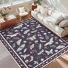 Garvee Floral Washable Scalloped Rugs 8×10 Non-Slip Soft Black Area Rugs for Living Room, Low Pile Stain Resistant Floral Carpet, Easy Clean Foldable Floor Mats for Dining Room, Home Office, Black(Insect-black)