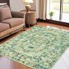 Garvee Floral Washable Scalloped Rugs 8×10 Non-Slip Soft Black Area Rugs for Living Room, Low Pile Stain Resistant Floral Carpet, Easy Clean Foldable Floor Mats for Dining Room, Home Office, Black(Green-floral)