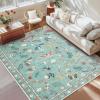 Garvee Floral Washable Scalloped Rugs 8×10 Non-Slip Soft Black Area Rugs for Living Room, Low Pile Stain Resistant Floral Carpet, Easy Clean Foldable Floor Mats for Dining Room, Home Office, Black(Insect-green)