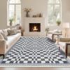 Garvee Washable Solid 8×10 Rugs for Living Room Bedroom,Non Slip Stain-Resistant Border Scalloped Rug for Dining Room Office,Low-Pile Soft Neutral Carpets for Under Table Farmhouse Playroom, Beige(Checkered|blue)