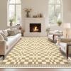 Garvee Washable Solid 8×10 Rugs for Living Room Bedroom,Non Slip Stain-Resistant Border Scalloped Rug for Dining Room Office,Low-Pile Soft Neutral Carpets for Under Table Farmhouse Playroom, Beige(Checkered|tan)