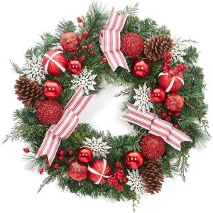 24″ Pre-Lit Christmas Wreaths for Front Door, Lighted Flocked Christmas Door Wreath with 30 LED Lights, Red Balls & Bows for Xmas Wall Windows Decorations Outdoor(Red & White)