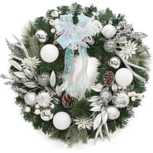 24″ Pre-Lit Christmas Wreaths for Front Door, Lighted Flocked Christmas Door Wreath with 30 LED Lights, Red Balls & Bows for Xmas Wall Windows Decorations Outdoor(Silver)