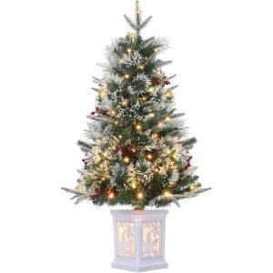 3 ft Christmas Tree, Pre-Lit Artificial Christmas Tree with 78 Warm White Lights, 1 PCS Snow Flocked Tree with White Snowflake Base, Battery Operated, Timer Function, for Home Christmas Decor(Green)