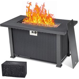 44 in Propane Fire Pit Table, 50000BTU Rectangle Fire Table with Cover & Rain Cover, Sturdy Steel and Iron Fence Surface, CSA Safety Certified, Companion for Your Garden