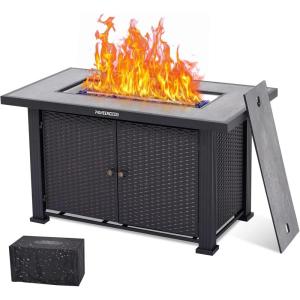 44 in Propane Fire Pit Table (Double Door), 50000BTU Rectangle Fire Table with Cover & Rain Cover, Sturdy Steel and Iron Fence Surface, CSA Safety Certified, Companion for Your Garden