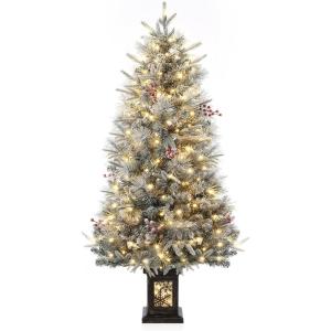 4.5 ft Prelit Artificial Christmas Trees with 200 Warm Lights & 20 Clusters Red Berry, Artificial Potted Xmas Tree with 8 Lighting Modes, Snowman Base, Holiday Decor, Set of 1(Green&white)