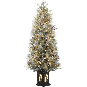 4.5 ft Prelit Artificial Christmas Trees with 200 Warm Lights & 20 Clusters Red Berry, Artificial Potted Xmas Tree with 8 Lighting Modes, Snowman Base, Holiday Decor, Set of 1(Green)