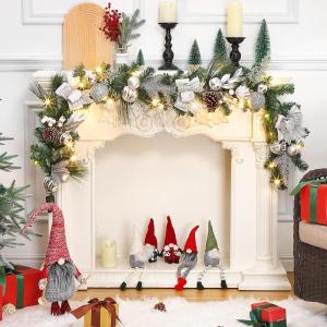 6 FT Pre-lit Christmas Garland with 20 LED Lights & 8 Modes, Artificial Green Rattan Garland with Snow Frost, Pine Cones, Red Berries for Fireplace Mantle, Front Porch, Indoor Outdoor Holiday Decor(Silver)